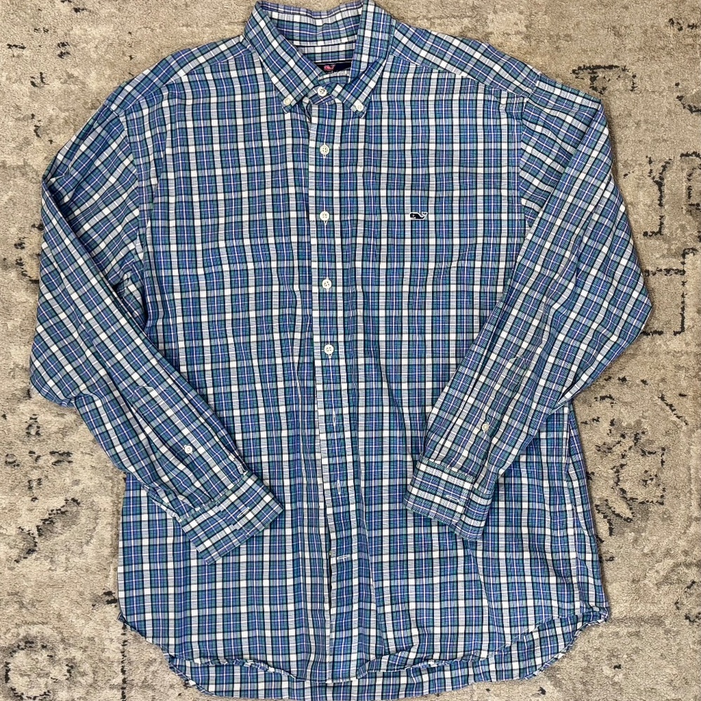 Vineyard Vines Men's Classic Fit Whale Button Down White/Blue/Green Sz XL